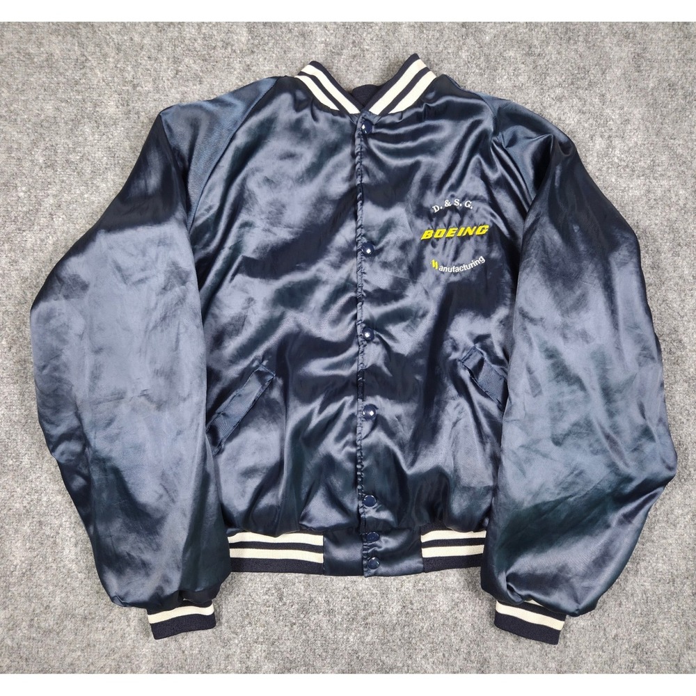 Vintage Dunbrooke Boeing Manufacturing Jacket Mens XL Navy Blue Satin Bomber USA